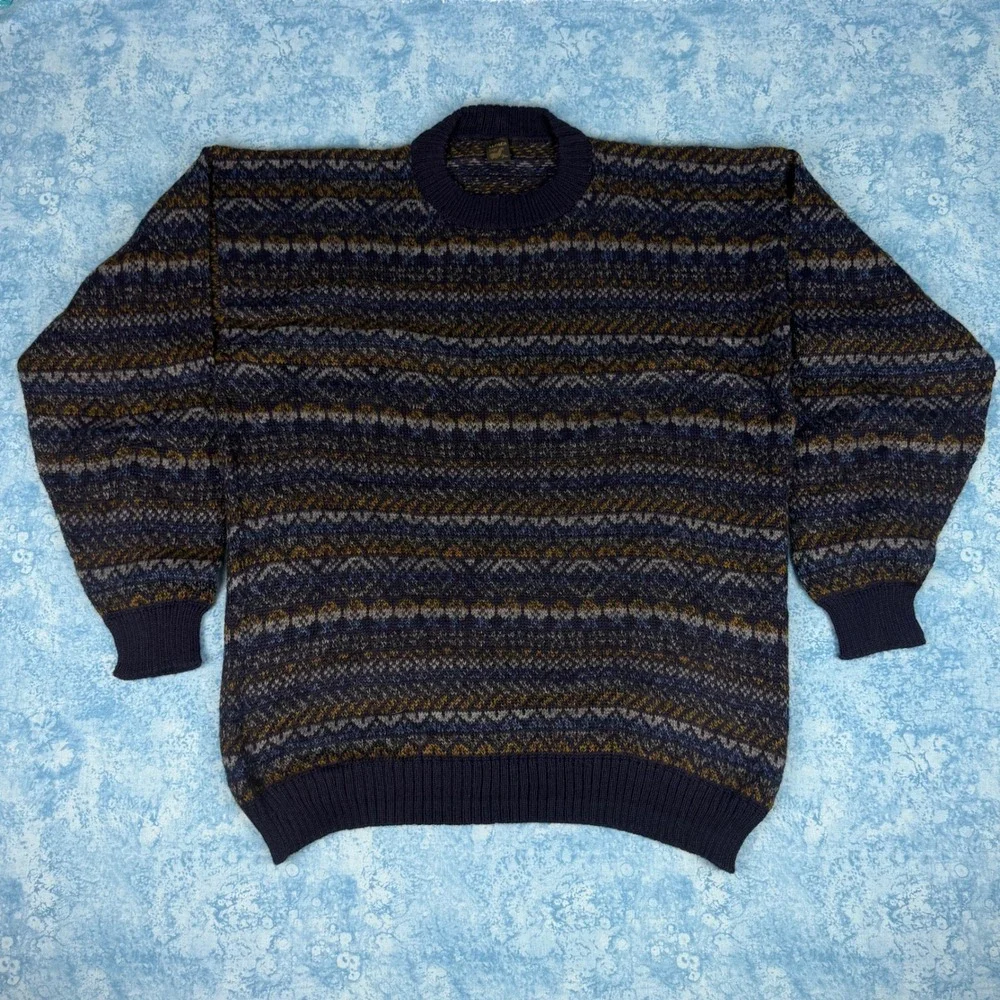 Vintage Alpaca Baby Fina Peru Hand Knitted Fair Isle Sweater Navy Blue Mens XL